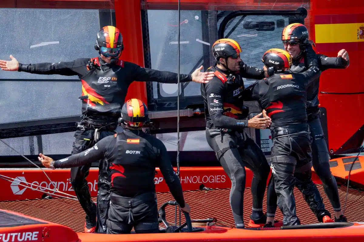 The Spanish SailGP team celebrating their historic victory in the F50 circuit of 15-meter-long catamarans equipped with foils. (Copyright/SailGP)